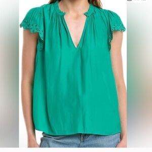 Ramy Brook Vibrant Green Blouse with Eyelet Sleeves. Christmas in Killarney